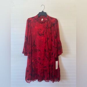 Calvin Klein Chiffon Red Floral Mock Tie Neck Dress Bell Flare Sleeve Size 8 NWT